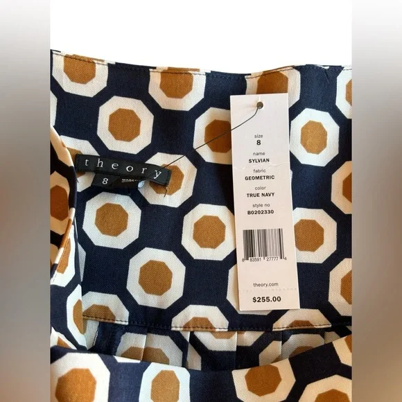 Theory Sylvian Geometric True Navy Pleated A lined Skirt Size 8 Silk - Picture 13 of 13